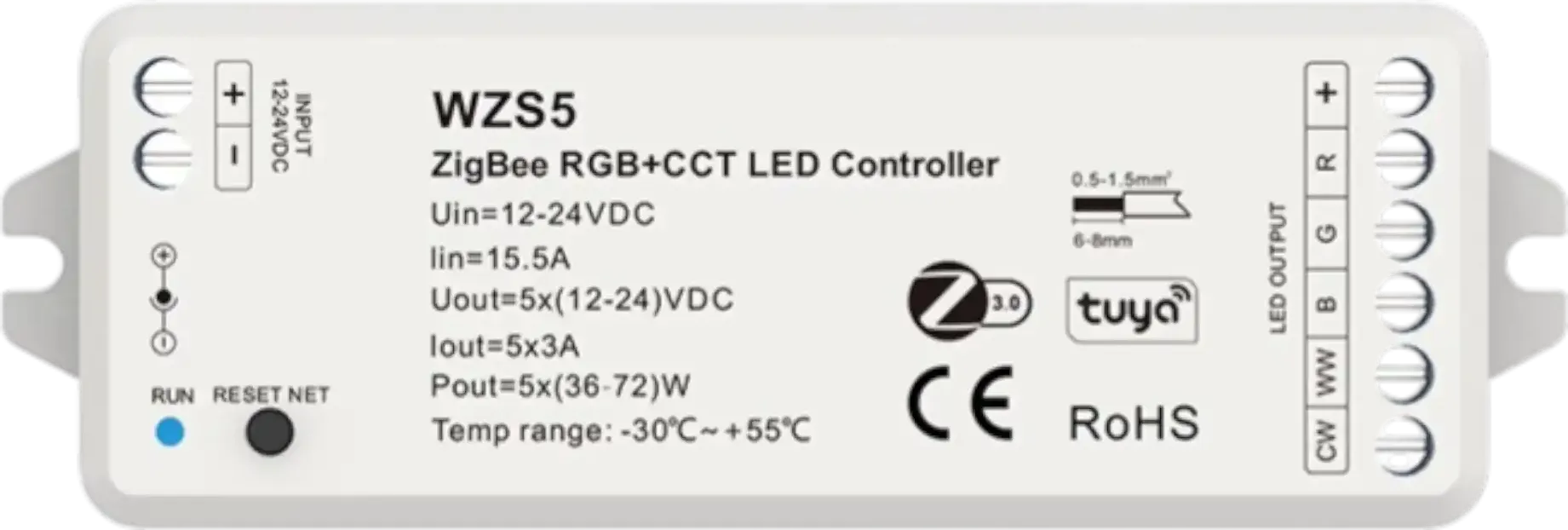 Akubela RGB+CTT LED Controller WZS5, ZigBee 3.0, low-voltage, brightness adjustment, flicker-
free dimming, IP20 Rating.